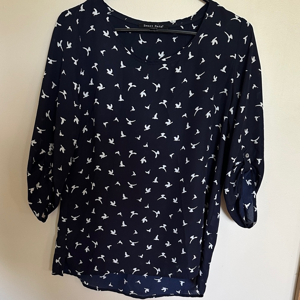 Sweet Rain Navy Bird Pattern Blouse